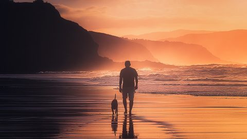Well being man with dog on beach sunset